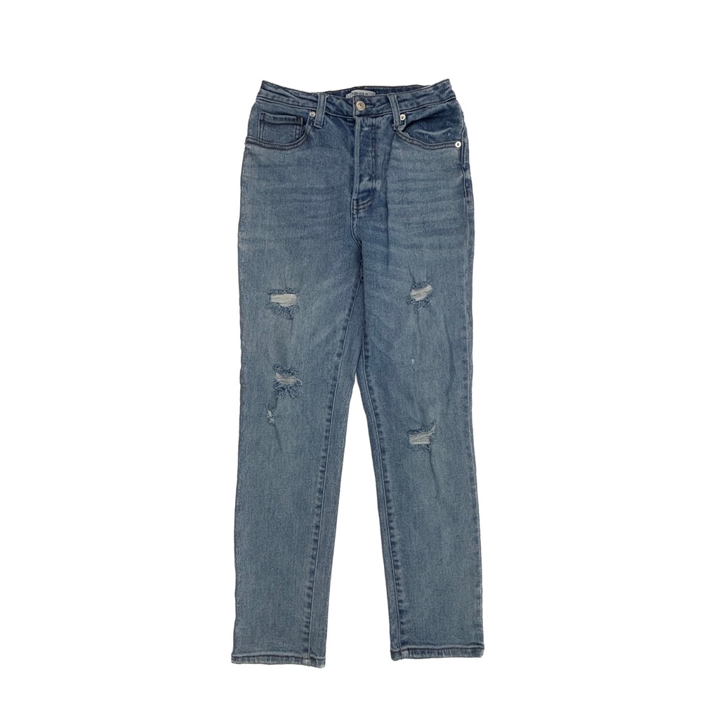 Forever 21 Straight Leg Jeans Womens 27 Medium Blue Distressed Button Fly Rise